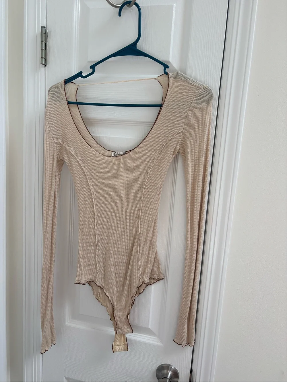 Free People Cream Ribbed Scoop Neck Long-Sleeve Bodysuit
